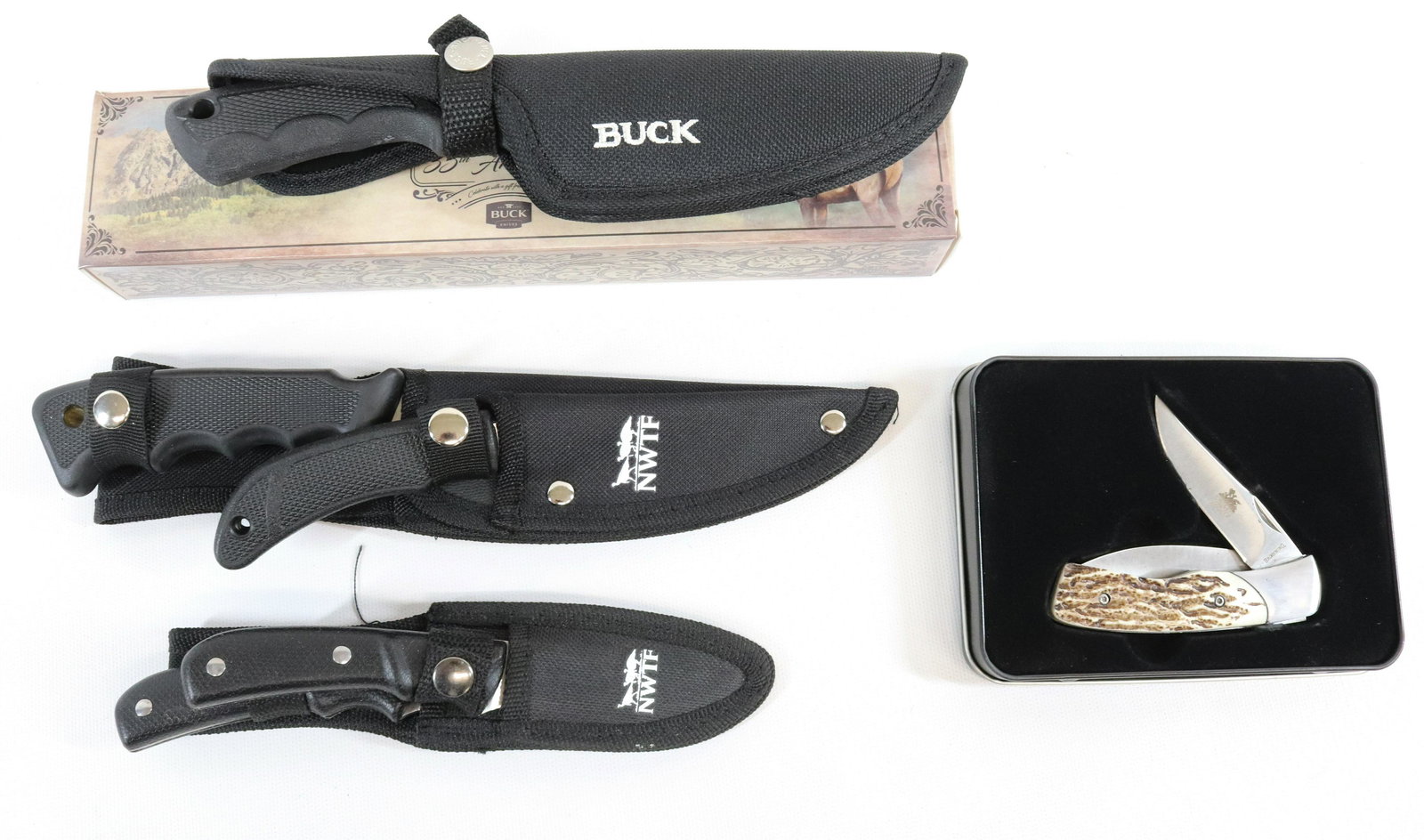 COLLECTIBLE KNIFE LOT: (4) LOTS OF KNIVES INCLUDING - BROWNING "QUAIL FOREVER" FOLDING POCKET KNIFE, (2) SET OF NATIONAL WILD TURKEY FEDERATION, AND RMEF 35TH ANNIVERSARY BUCK KNIFE Terms: UPDATED 2023 TERMS FOR PURCHASING