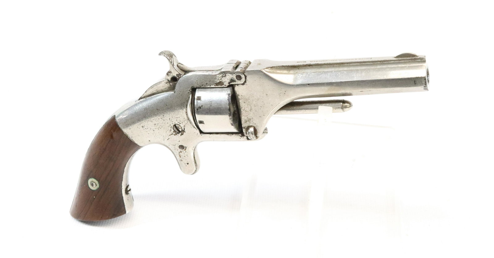 EARLY SMITH AND WESSON REVOLVER: .22 CAL, SERIAL# 6307 - NICKEL FRAME 3" BARREL Terms: UPDATED 2023 TERMS FOR PURCHASING AND SHIPPING OF AUCTION ITEMS. PLEASE READ CAREFULLY BEFORE BIDDING. ALL PAYMENTS MUST BE MADE BEFORE ITEMS CAN