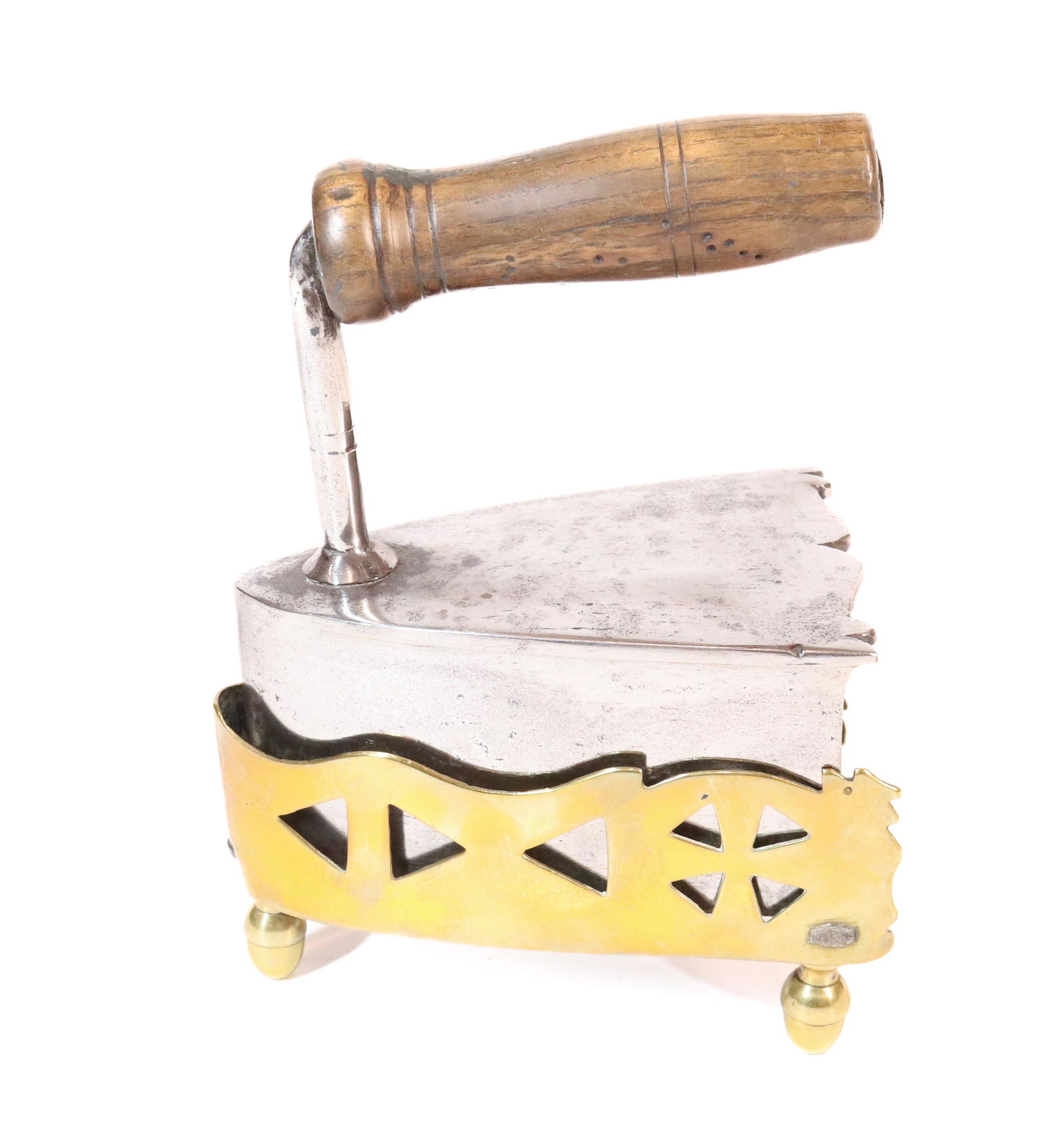 SMALL SIZE DROP IN THE BACK IRON: DROP IN THE BACK SLUG IRON WITH FANCY CUT OUT TRIVET - 4 1/4" UPDATED 2023 TERMS FOR PURCHASING AND SHIPPING OF AUCTION ITEMS. PLEASE READ CAREFULLY BEFORE BIDDING. ALL PAYMENTS FOR PURCHASES WILL BE