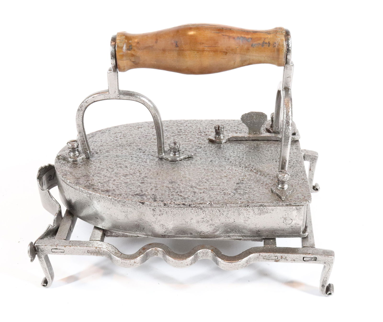 FINE FRENCH BOX IRON: ROUND NOSE WITH SWING GATE AND (2) STIRRUP POSTS - MATCHING TRIVET WITH INITIALS "VB" - 6 1/2" UPDATED 2023 TERMS FOR PURCHASING AND SHIPPING OF AUCTION ITEMS. PLEASE READ CAREFULLY BEFORE BIDDING. AL