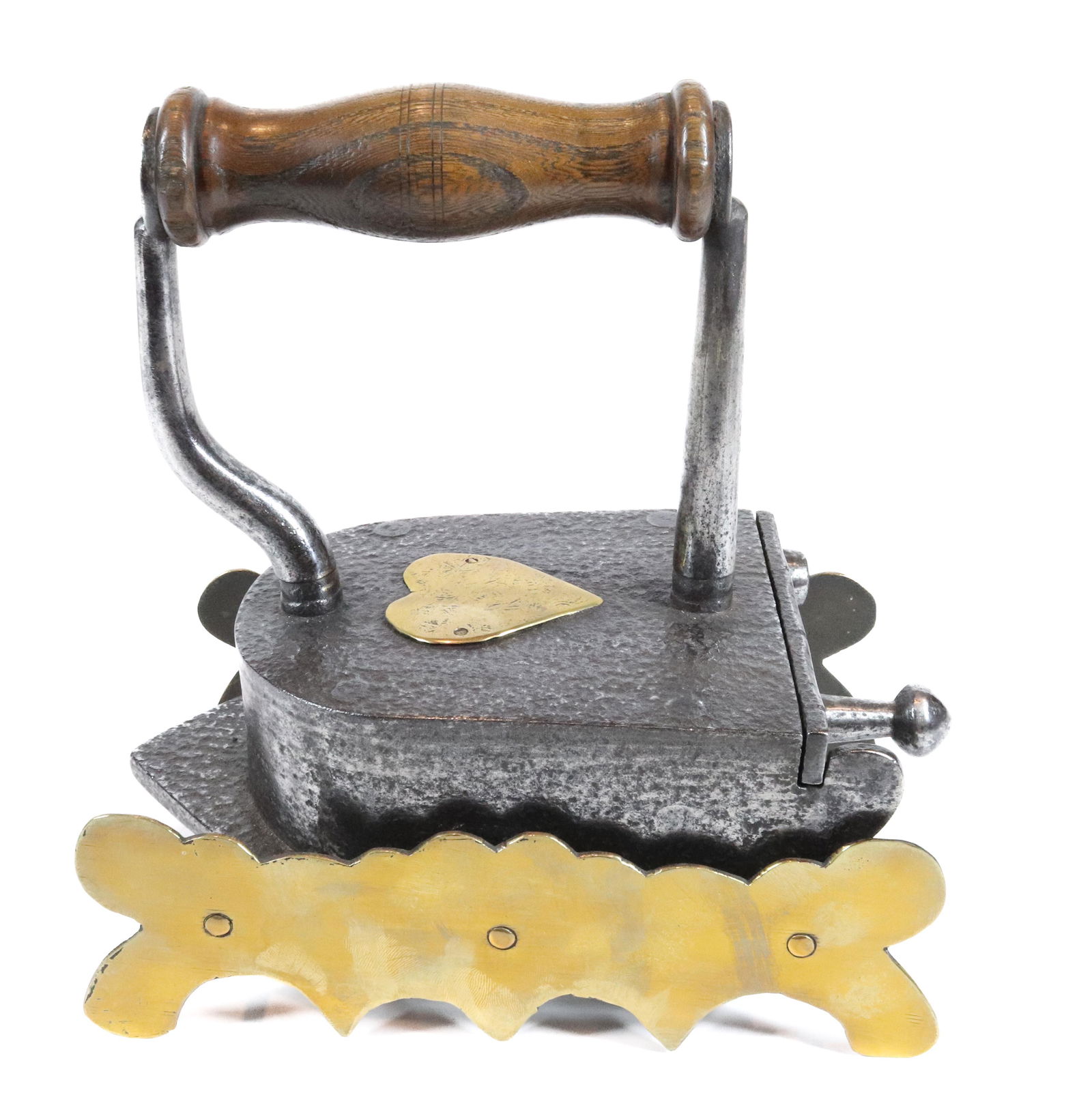 GERMAN BOX IRON: LONG TOE PLATE, BRASS HEART APPLIED TO TOP, AND BRASS TRIVET - 6 1/2" UPDATED 2023 TERMS FOR PURCHASING AND SHIPPING OF AUCTION ITEMS. PLEASE READ CAREFULLY BEFORE BIDDING. ALL PAYMENTS FOR PURCHASES