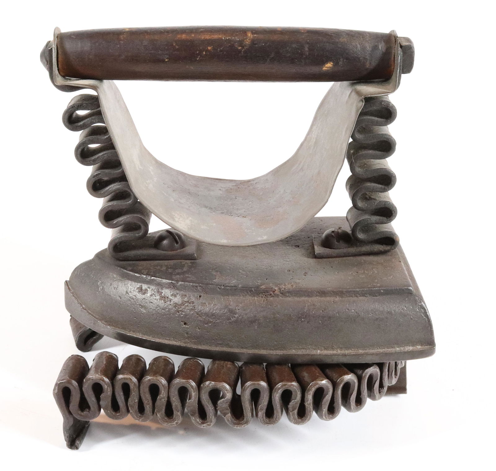 UNUSUAL "FOLDED RIBBON" FLAT IRON: PATENT JUNE 10TH, 1868 ON HEAT SHIELD, FOLDED RIBBON CANDY ON UPRIGHTS AND TRIVET - 6 1/2" UPDATED 2023 TERMS FOR PURCHASING AND SHIPPING OF AUCTION ITEMS. PLEASE READ CAREFULLY BEFORE BIDDING. ALL PA