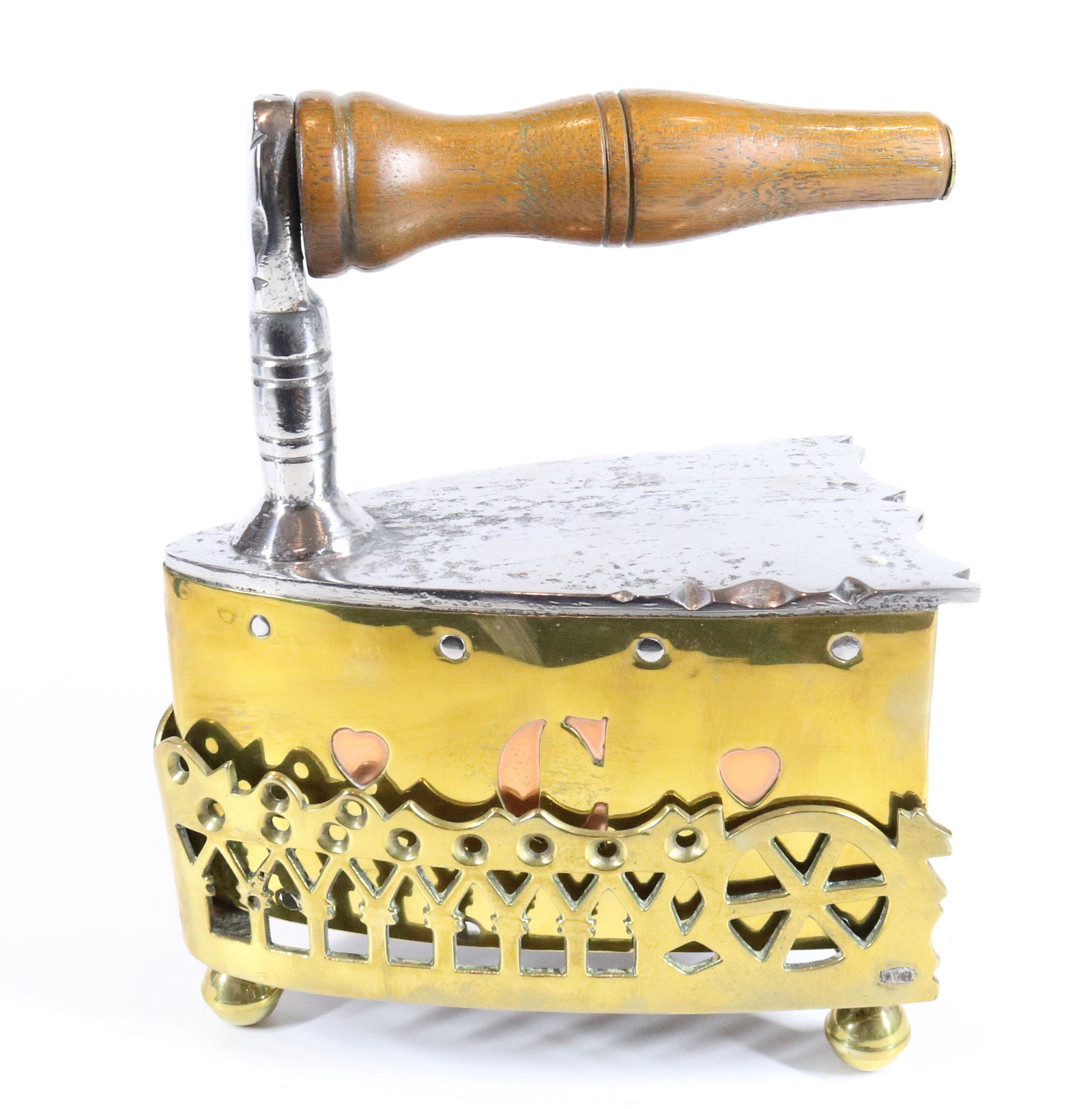 BELGIUM FLAT IRON, DROP IN THE BACK SLUG: BRASS OVER COPPER WITH STEEL BODY, INITIALS C. J. WITH CUT OUT HEARTS - BRASS CUTWORK TRIVET 6 1/4" L UPDATED 2023 TERMS FOR PURCHASING AND SHIPPING OF AUCTION ITEMS. PLEASE READ CAREFULLY BEFORE BIDD