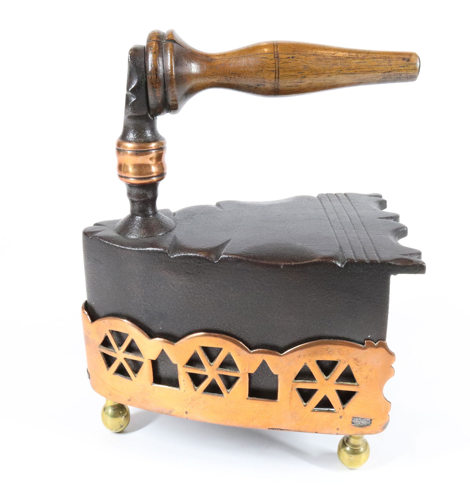 BELGIUM DROP IN THE BACK BOX IRON: COPPER BANDED FRONT POST, DROP IN THE BACK SLUG - COPPER CUTWORK AND BRASS TRIVET - 6 1/4" UPDATED 2023 TERMS FOR PURCHASING AND SHIPPING OF AUCTION ITEMS. PLEASE READ CAREFULLY BEFORE BIDDING. ALL PA