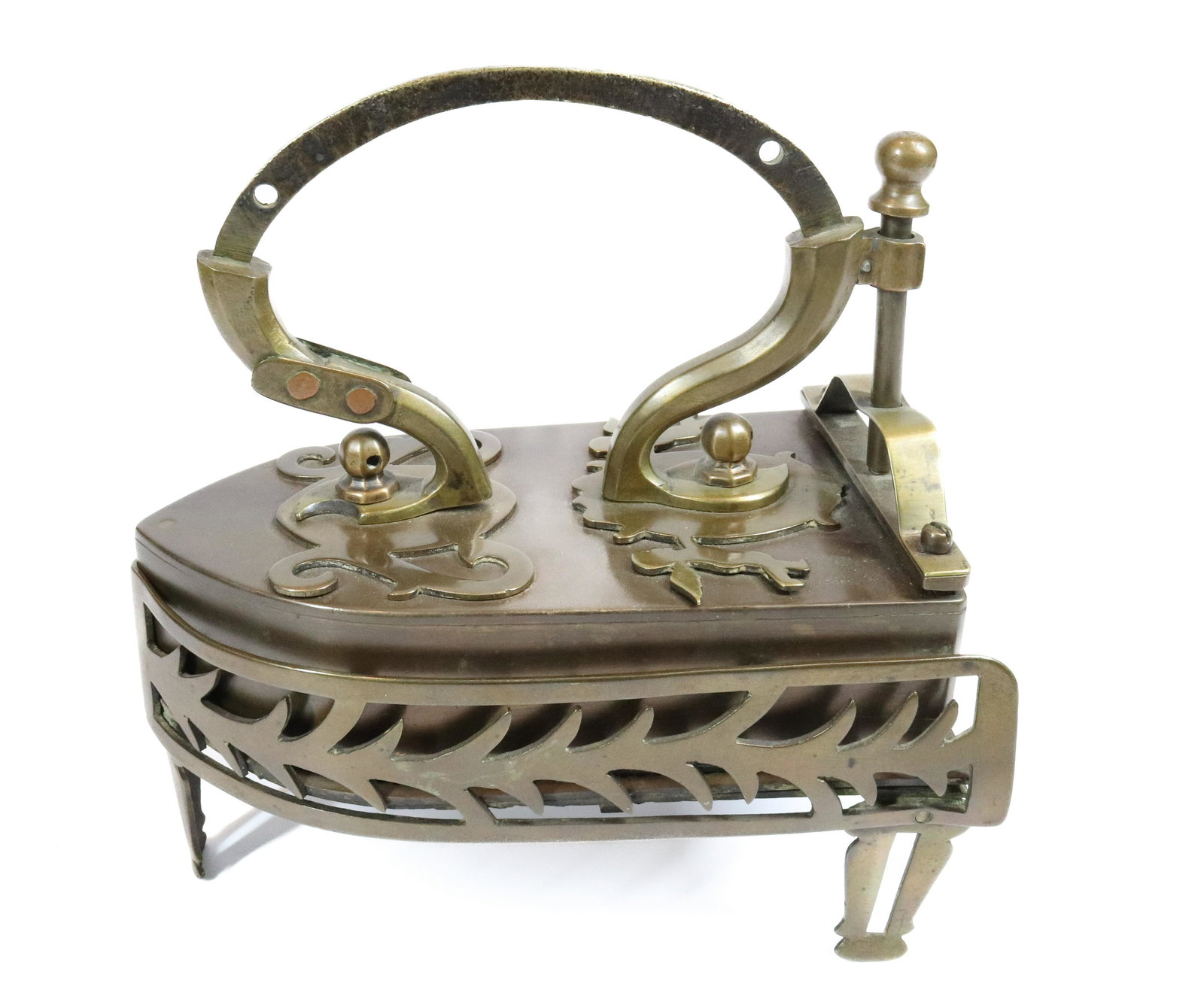 19TH CENTURY EUROPEAN BOX IRON: EMBOSSED TOP WITH MAKE-DO REPAIR TO POST, FANCY FIGURAL AND RELIGIOUS TRIVET - 6 1/4" UPDATED 2023 TERMS FOR PURCHASING AND SHIPPING OF AUCTION ITEMS. PLEASE READ CAREFULLY BEFORE BIDDING. ALL PAYMENT