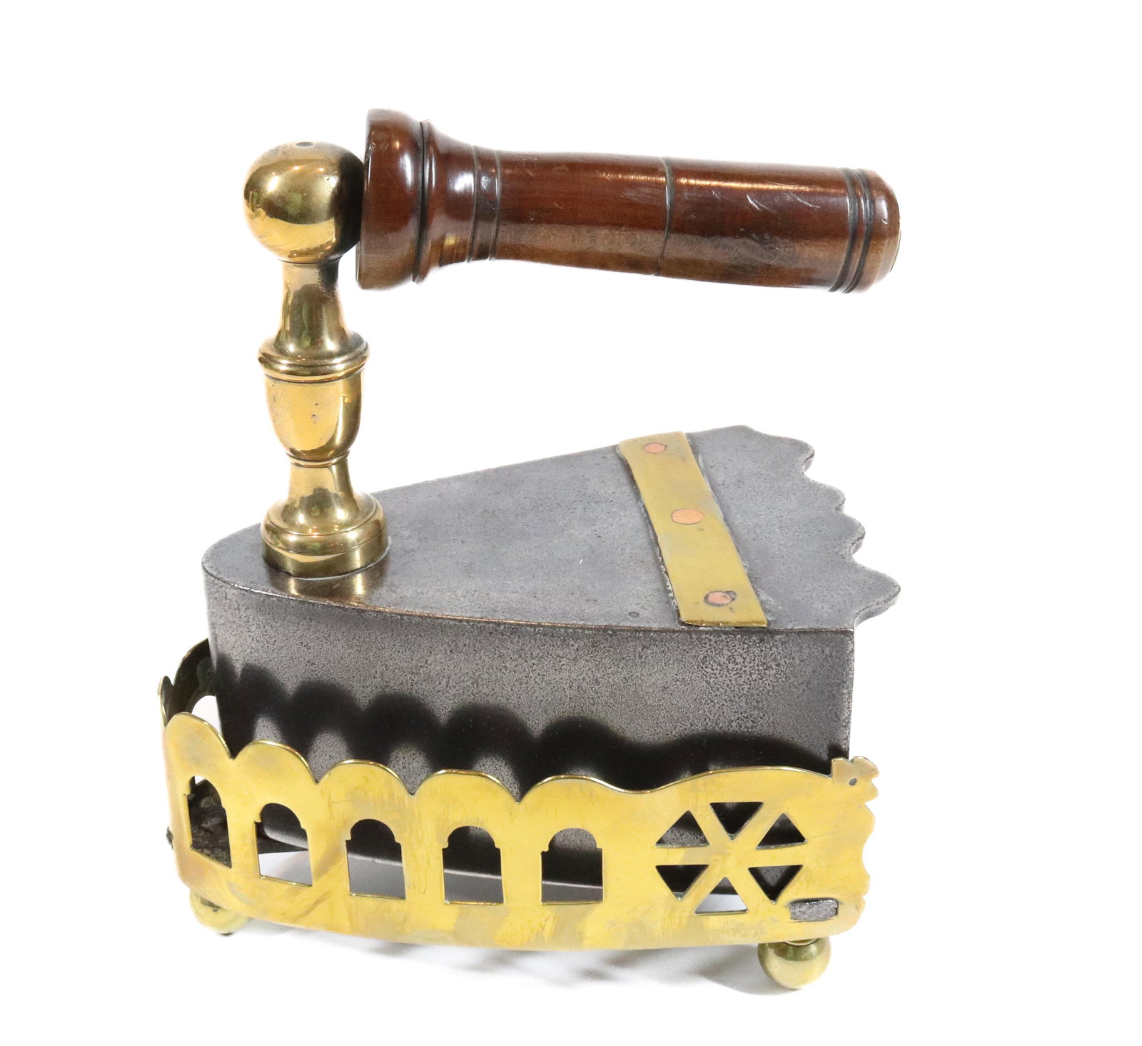 EARLY BELGIUM DROP IN THE BACK SLUG IRON: BRASS FRONT POST, CUTWORK BRASS TRIVET - 5 1/2" UPDATED 2023 TERMS FOR PURCHASING AND SHIPPING OF AUCTION ITEMS. PLEASE READ CAREFULLY BEFORE BIDDING. ALL PAYMENTS FOR PURCHASES WILL BE MADE THROUGH L
