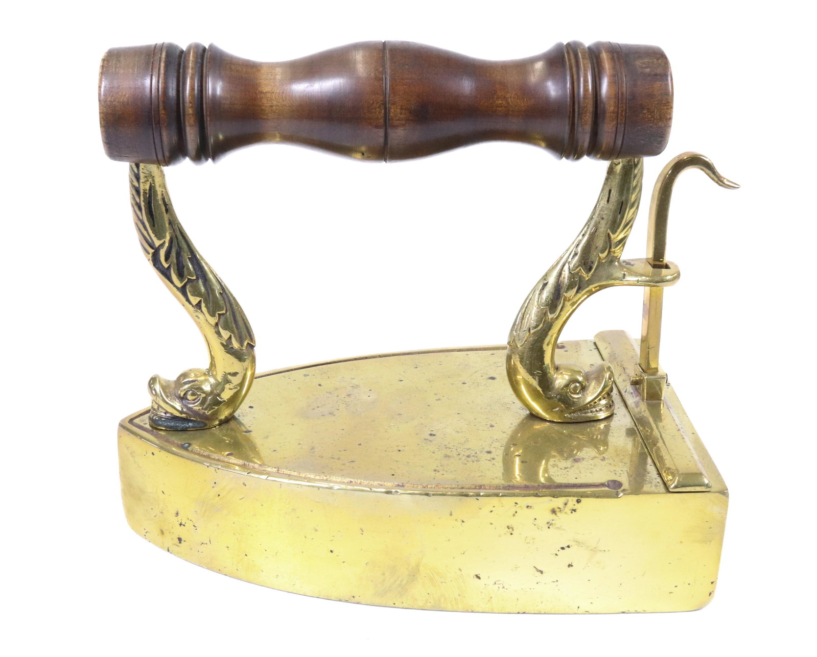 DANISH BOX IRON: DATED 1843. BRASS IRON WITH DOLPHIN POSTS, REAR LIFT-GATE. 7 1/2" L. UPDATED 2023 TERMS FOR PURCHASING AND SHIPPING OF AUCTION ITEMS. PLEASE READ CAREFULLY BEFORE BIDDING. ALL PAYMENTS FOR PURCHASES W