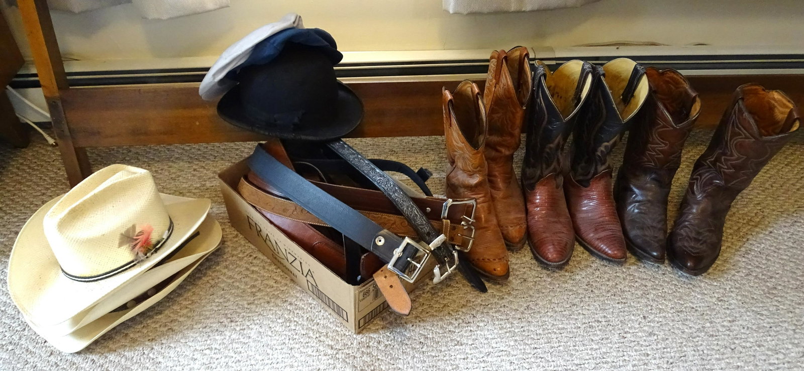 WESTERN CLOTHING: COWBOY BOOTS, BELTS AND HATS HAT SIZES 6 3/4, SM. & MED., BOOTS 8 1/2 & 9 D AND BELTS 33 & 34 SIZES. UPDATED 2023 Terms for Purchasing and Shipping of Auction Items. Please read carefully before biddi
