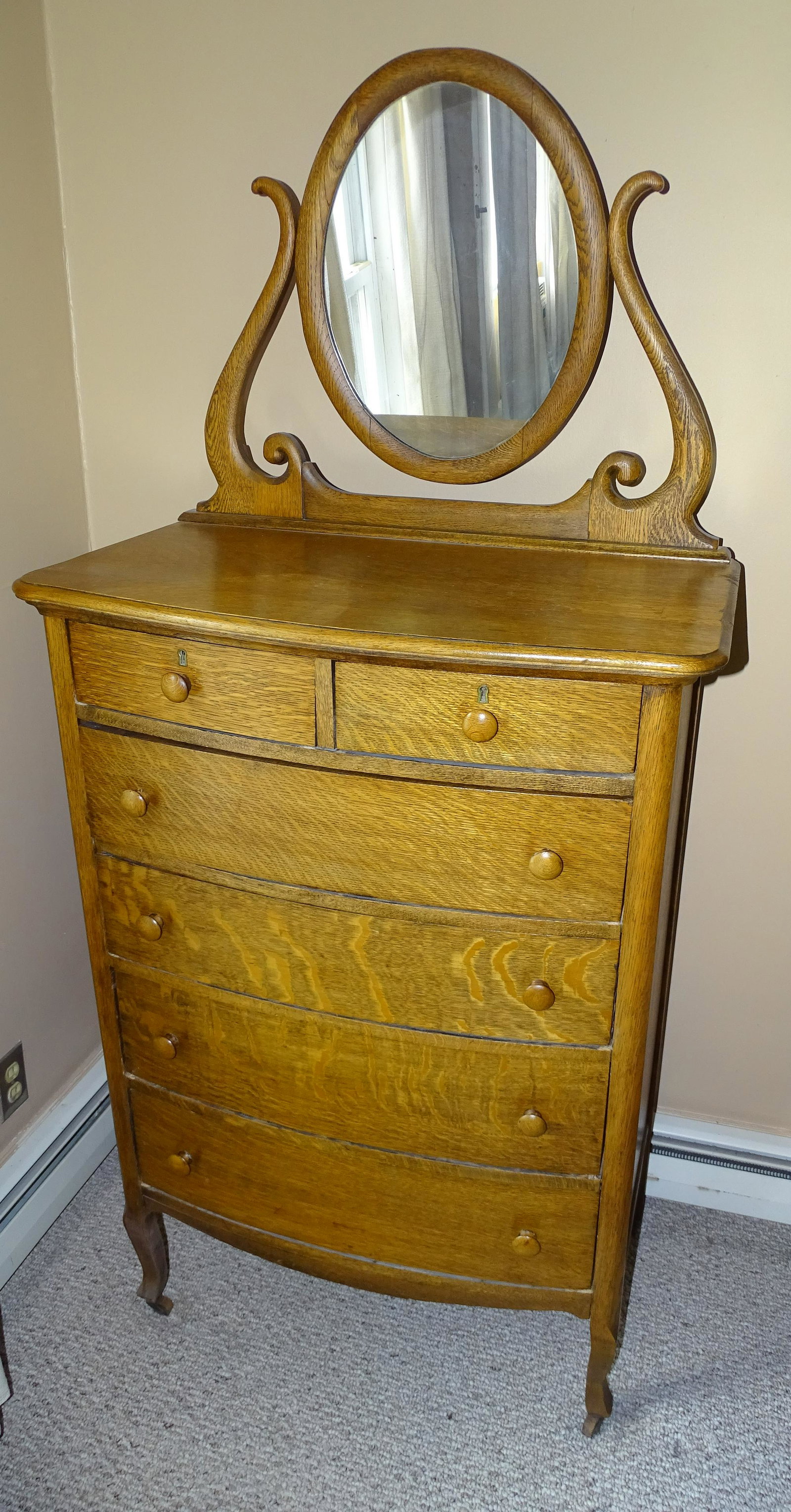 ANTIQUE OAK HIGHBOY DRESSER WITH MIRROR: TWO OVER FOUR DRAWERS 32 x 18 x 70 H UPDATED 2023 Terms for Purchasing and Shipping of Auction Items. Please read carefully before bidding. All payments for purchases will be made through LiveAuctione