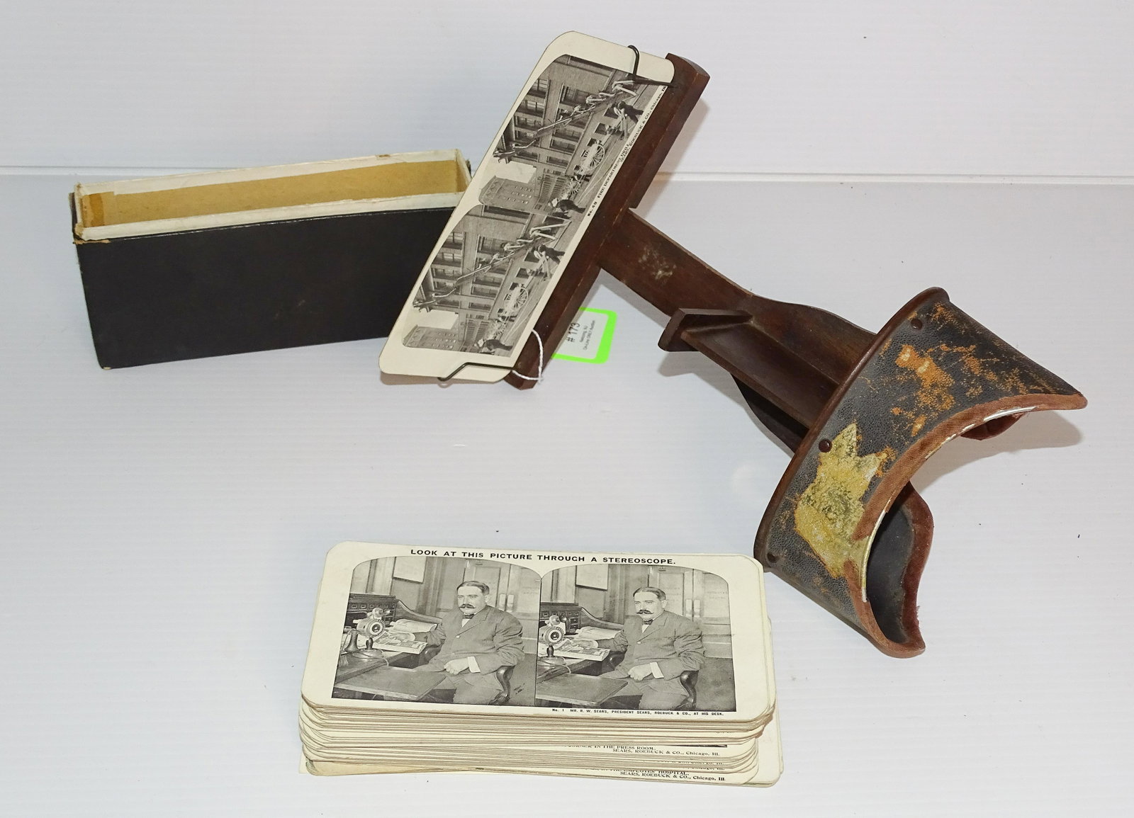 STEREO VIEWER AND CARDS: WOOD AND METAL VIEWER AND BOX OF VIEW CARDS "TRIP THROUGH SEARS ROEBUCK & CO." FIFTY VIEWS OF FACTORY, WORKERS, AND GROUNDS PLUS SEVEN OTHER VIEW CARDS UPDATED 2023 Terms for Purchasing and Shipping o