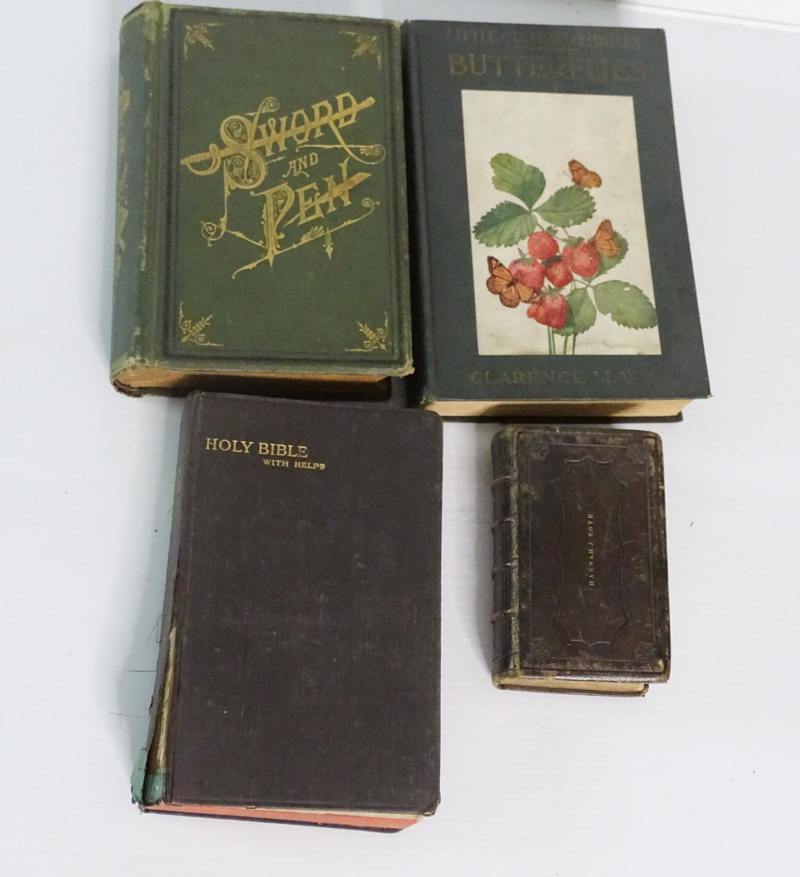 (4) BOOKS: 1859 METHODIST HYMN BOOK, 1923 BUTTERFLY BOOK, BIBLE, AND THE SWORD & PEN BY WILLIAM GLAZIER SOLDIER /AUTHOR 1883 UPDATED 2023 Terms for Purchasing and Shipping of Auction Items. Please read carefully
