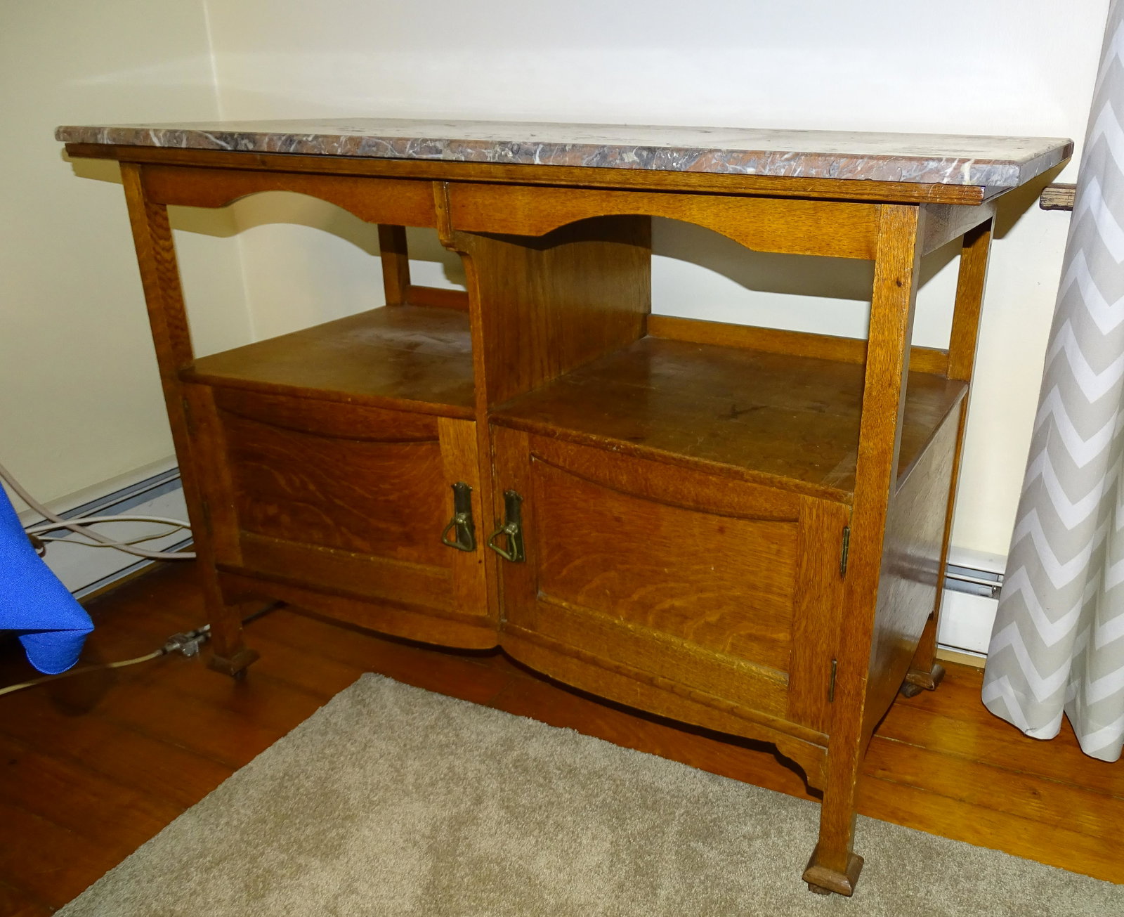ANTIQUE MISSION STYLE OAK SIDEBOARD: MULTI COLOR MARBLE TOP SOLID OAK WITH TWO DOORS MISSION METAL PULLS 30"H X 42" X 20" UPDATED 2023 Terms for Purchasing and Shipping of Auction Items. Please read carefully before bidding. All payments