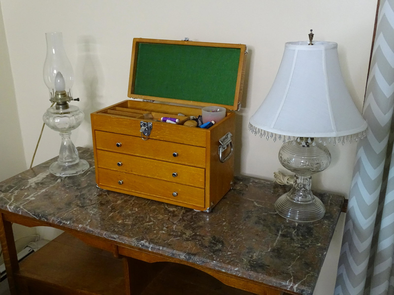 (3) OAK SEWING BOX TWO LAMPS: SEWING BOX THREE DRAWERS AND LIFT LID CONTENTS, TWO VINTAGE OIL LAMPS WITH ELECTRIC FIXTURES UPDATED 2023 Terms for Purchasing and Shipping of Auction Items. Please read carefully before bidding. All 