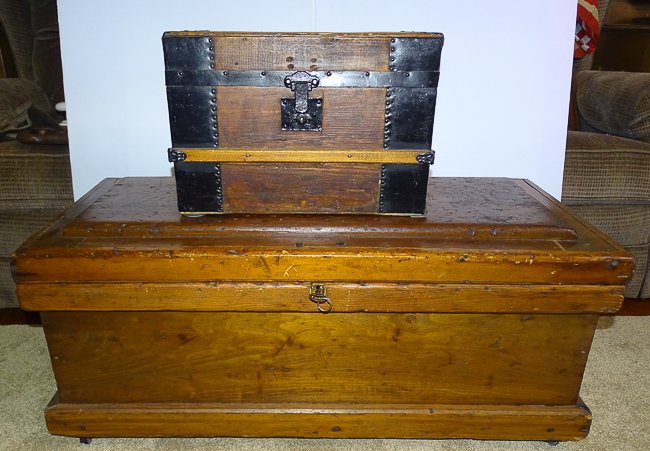 TOOL CHEST AND SMALL TRUNK: BOTH RESTORED TOOL CHEST HAS KEY AND LIFT OUT TRAY SMALL TRUNK REPLACED TRAY 16 1/2"H X 38" X 17 1/2" UPDATED 2023 Terms for Purchasing and Shipping of Auction Items. Please read carefully before bidd