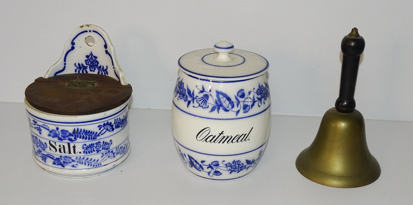 ANTIQUE BLUE AND WHITE KITCHENWARE: GERMANY OATMEAL CANISTER AND SALT BOX ALSO ANTIQUE SCHOOL BELL BRASS AND WOOD UPDATED 2023 Terms for Purchasing and Shipping of Auction Items. Please read carefully before bidding. All payments for pu