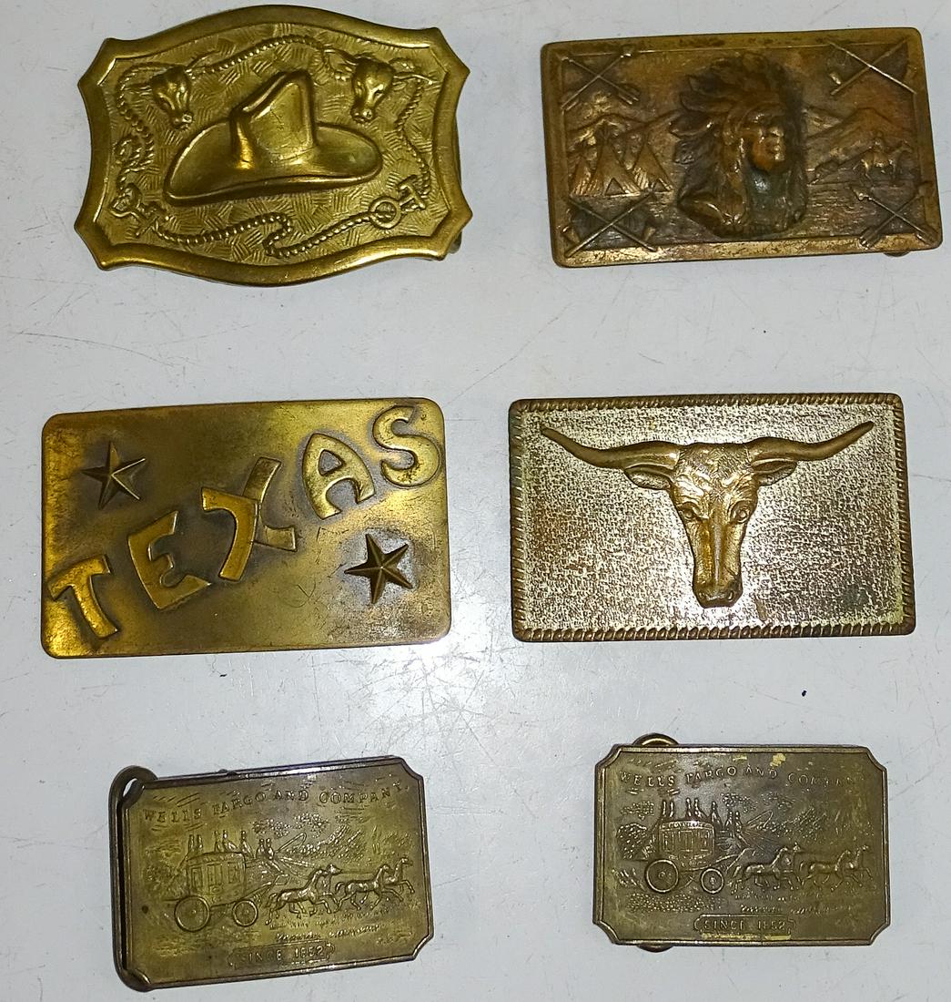 (6) VINTAGE BRASS BELT BUCKLES: TEXAS, INDIAN HEAD, TWO WELLS FARGO, COWBOY HAT, AND LONGHORN 2" TO 3" UPDATED 2023 Terms for Purchasing and Shipping of Auction Items. Please read carefully before bidding. All payments for purchases