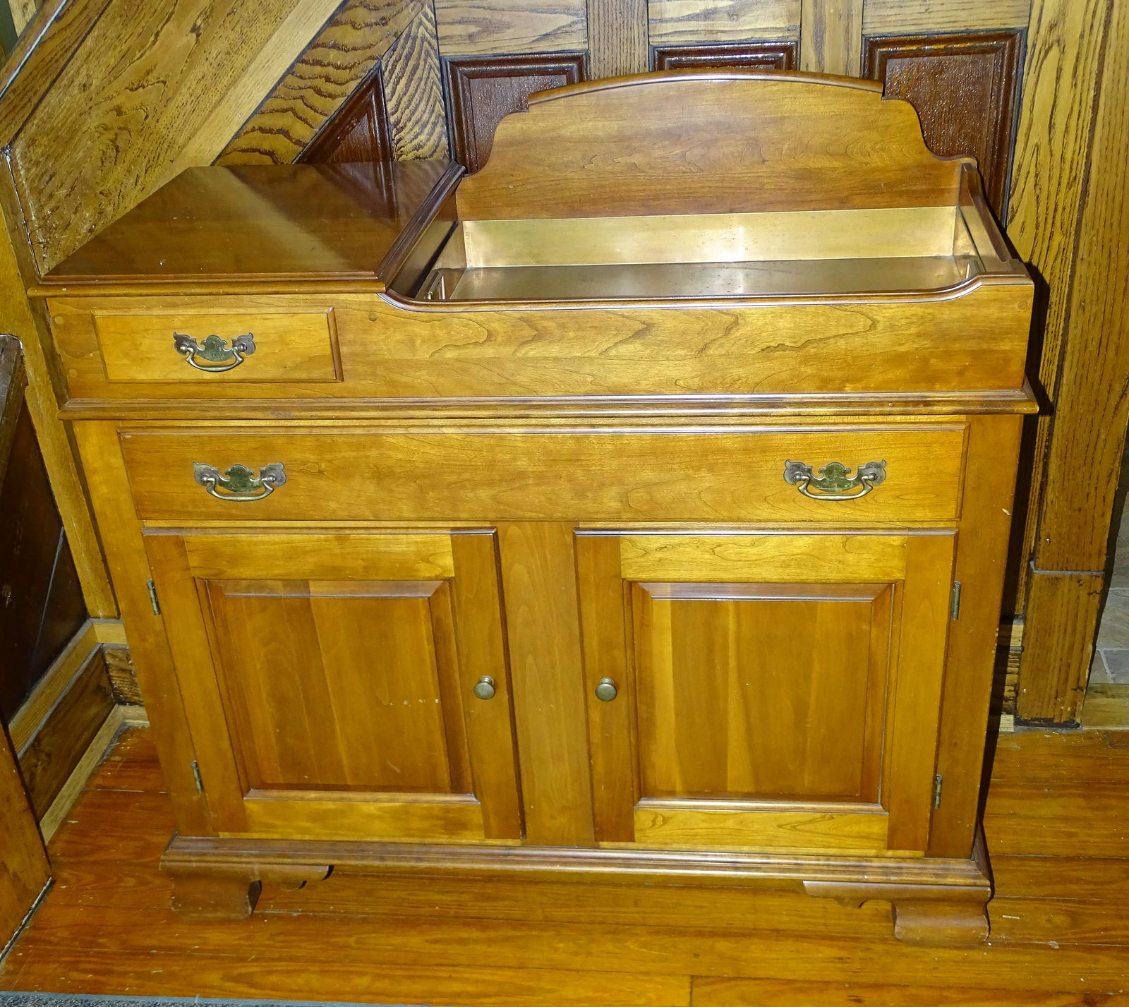 CHERRY DRY SINK: COLONIAL STYLE TWO DRAWERS AND TWO DOORS WITH COPPER LINED WELL 35 3/4" HX 41" UPDATED 2023 Terms for Purchasing and Shipping of Auction Items. Please read carefully before bidding. All payments for p