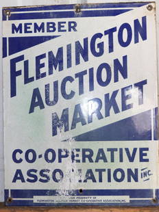 PORCELAIN FLEMINGTON AUCTION MARKET SIGN: BLUE/WHITE ENAMEL ON METAL. 13" X 10". Auction Terms for August 1, 2023 The Estate of John Yablonsky. This Sale is PICK-UP ONLY. Hartzellís Auction Gallery will offer Live In-Person Bidding,