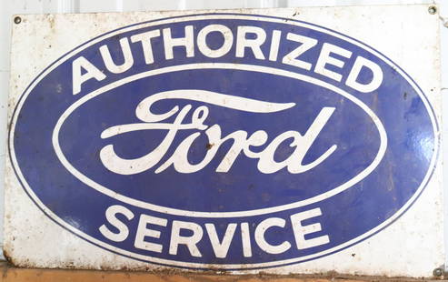 PORCELAIN FORD SERVICE SIGN: BLUE/WHITE ENAMEL ON METAL. 18" X 10 3/4". Auction Terms for August 1, 2023 The Estate of John Yablonsky. This Sale is PICK-UP ONLY. Hartzellís Auction Gallery will offer Live In-Person