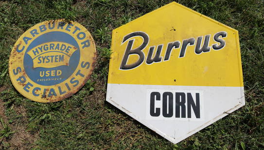 (2) TIN ADVERTISING SIGNS: BURRUS CORN AND CARBURETOR SPECIALISTS. 24" X 28" AND 18" D. Auction Terms for August 1, 2023 The Estate of John Yablonsky. This Sale is PICK-UP ONLY. Hartzellís Auction Gallery will offer