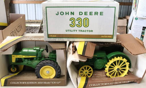 LOT OF (3) MODEL TRACTORS: INCLUDING: JOHN DEERE 330 UTILITY TRACTOR, 1958 JOHN DEERE MODEL 630LP AND JOHN DEERE 1953 MODEL D. Auction Terms for August 1, 2023 The Estate of John Yablonsky. This Sale is PICK-UP ONLY.