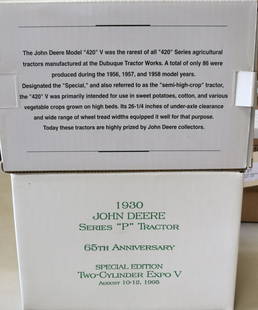 (2) JOHN DEERE TRACTOR MODELS: 1930 JD SERIES P AND OFFICIAL SHOW TOY FROM 2003 EXPO. NEW IN BOX. Auction Terms for August 1, 2023 The Estate of John Yablonsky. This Sale is PICK-UP ONLY. Hartzellís Auction Gallery will