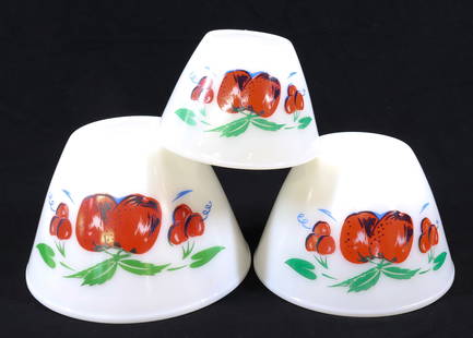 NEST OF FIREKING MIXING BOWLS: (3) GRADUATED MIXING BOWLS, APPLES AND CHERRIES MOTIF - 6 1/2" TO 9 1/2" PLEASE READ CAREFULLY - Terms for Purchasing and Shipping of Auction Items. Please read carefully before bidding. All