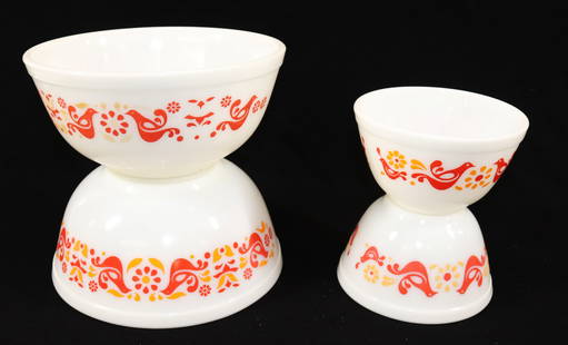 PYREX MIXING BOWL LOT: (4) BOWLS IN FRIENDSHIP/BIRD PATTERN, 5 3/4" TO 8 3/4" D PLEASE READ CAREFULLY - Terms for Purchasing and Shipping of Auction Items. Please read carefully before bidding. All payments for purchases wi