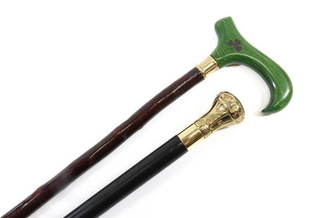 PR. OF WOODEN WALKING STICKS: GOLD PLATED TOP AND BANDED WALKING STICKS - 37 1/2" AND 38 1/2" PLEASE READ CAREFULLY - Terms for Purchasing and Shipping of Auction Items. Please read carefully before bidding. All payments for purch