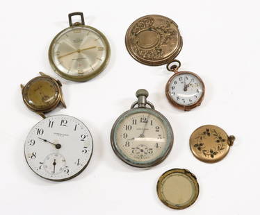 LOT OF ANTIQUE POCKET WATCH PARTS: INCLUDING: BULER 21 JEWEL WATCH, SMALL HB LADY'S 3 JEWEL POCKET WATCH, LADY CLARE POCKET WATCH, BULOVA WATCH FACE AND WATCH CASE PARTS. PLEASE READ CAREFULLY - Terms for Purchasing and Shipping of Auc