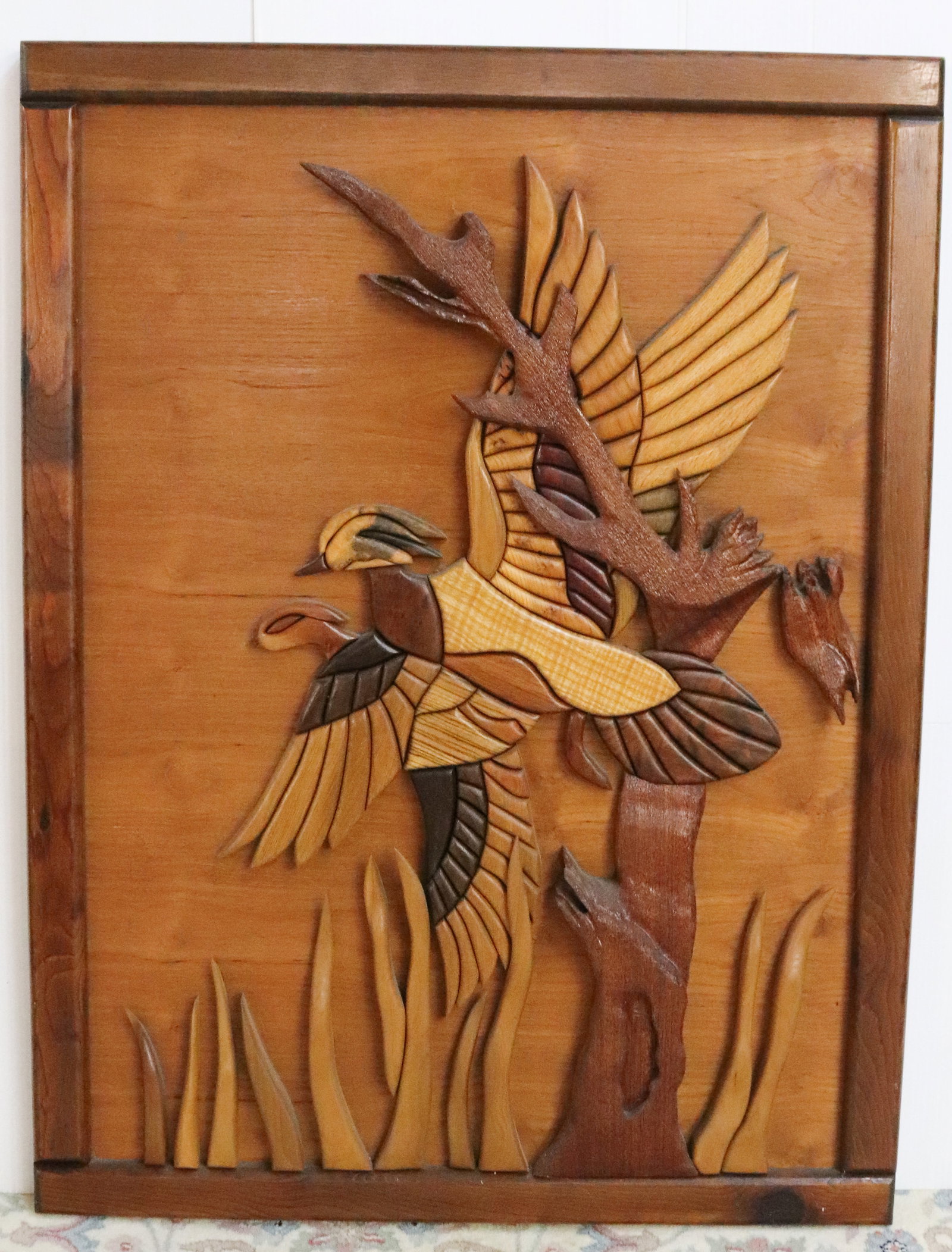 VINTAGE CARVED WALL SCULPTURE: DEPICTS FLYING DUCKS. 40" X 30". PLEASE READ CAREFULLY - Terms for Purchasing and Shipping of Auction Items. Please read carefully before bidding. All payments for purchases will be made through LiveA