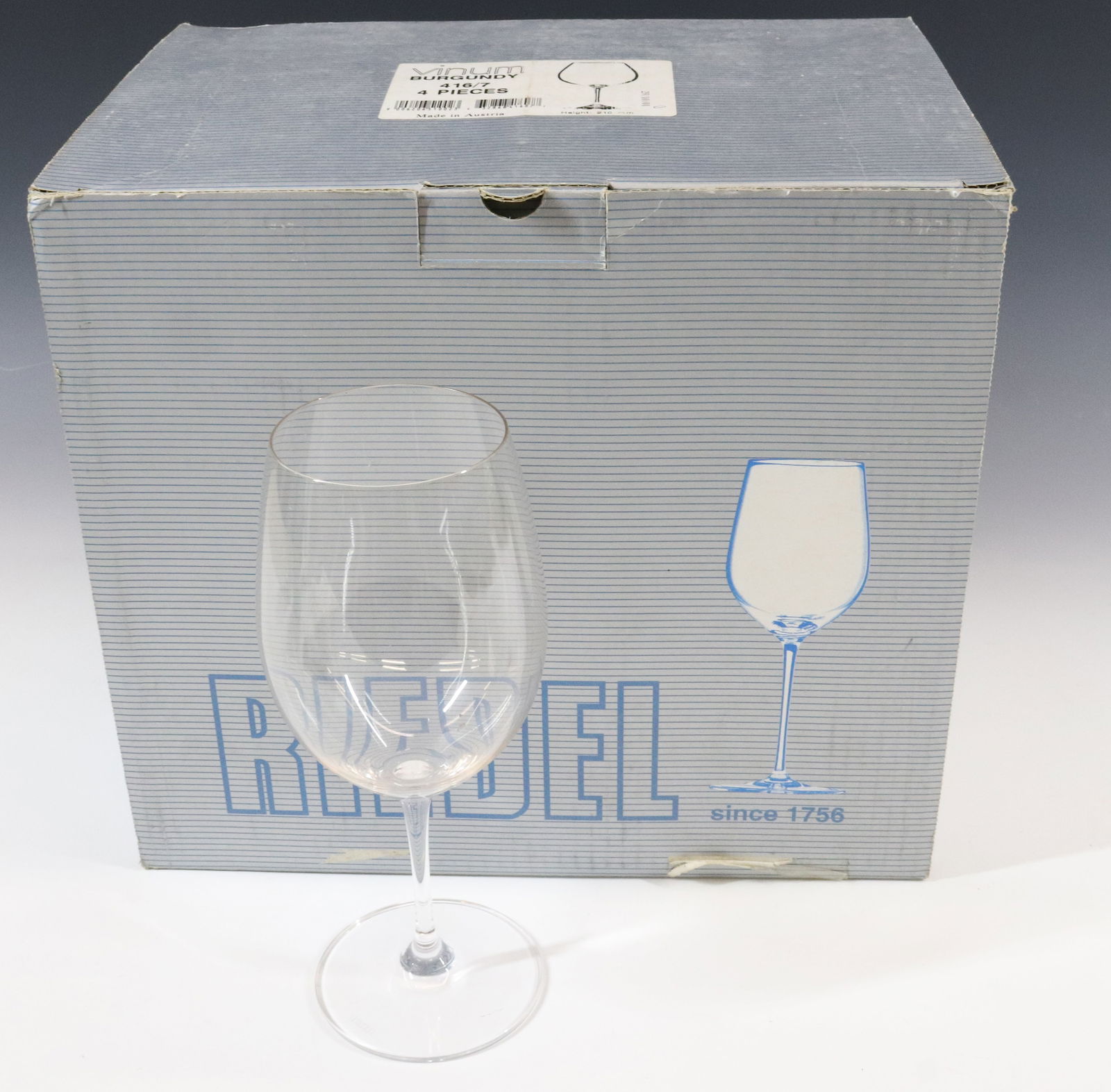(4) RIEDEL BURGUNDY WINE GLASSES: 9" H. IN ORIGINAL BOX.