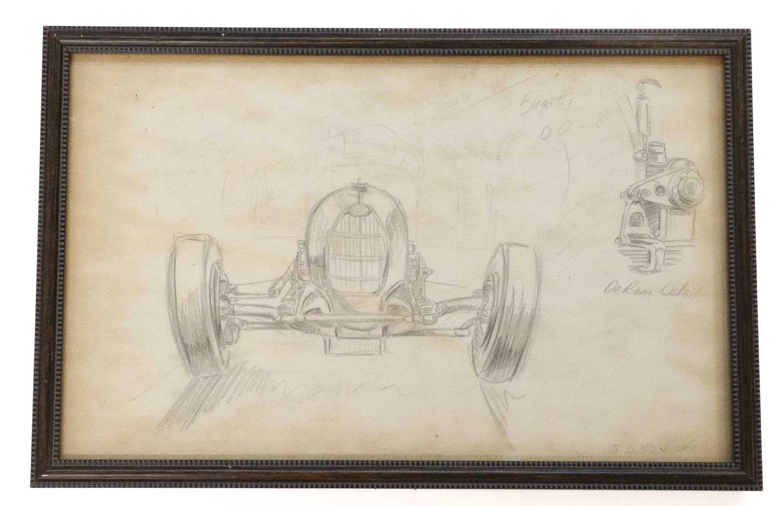 JOHN BURGESS ORIGINAL BUGATTI SKETCH: PENCIL ON PAPER. SGND. BOTTOM RIGHT. COA ON BACK. FRAMED 8 1/2" X 13 1/4".