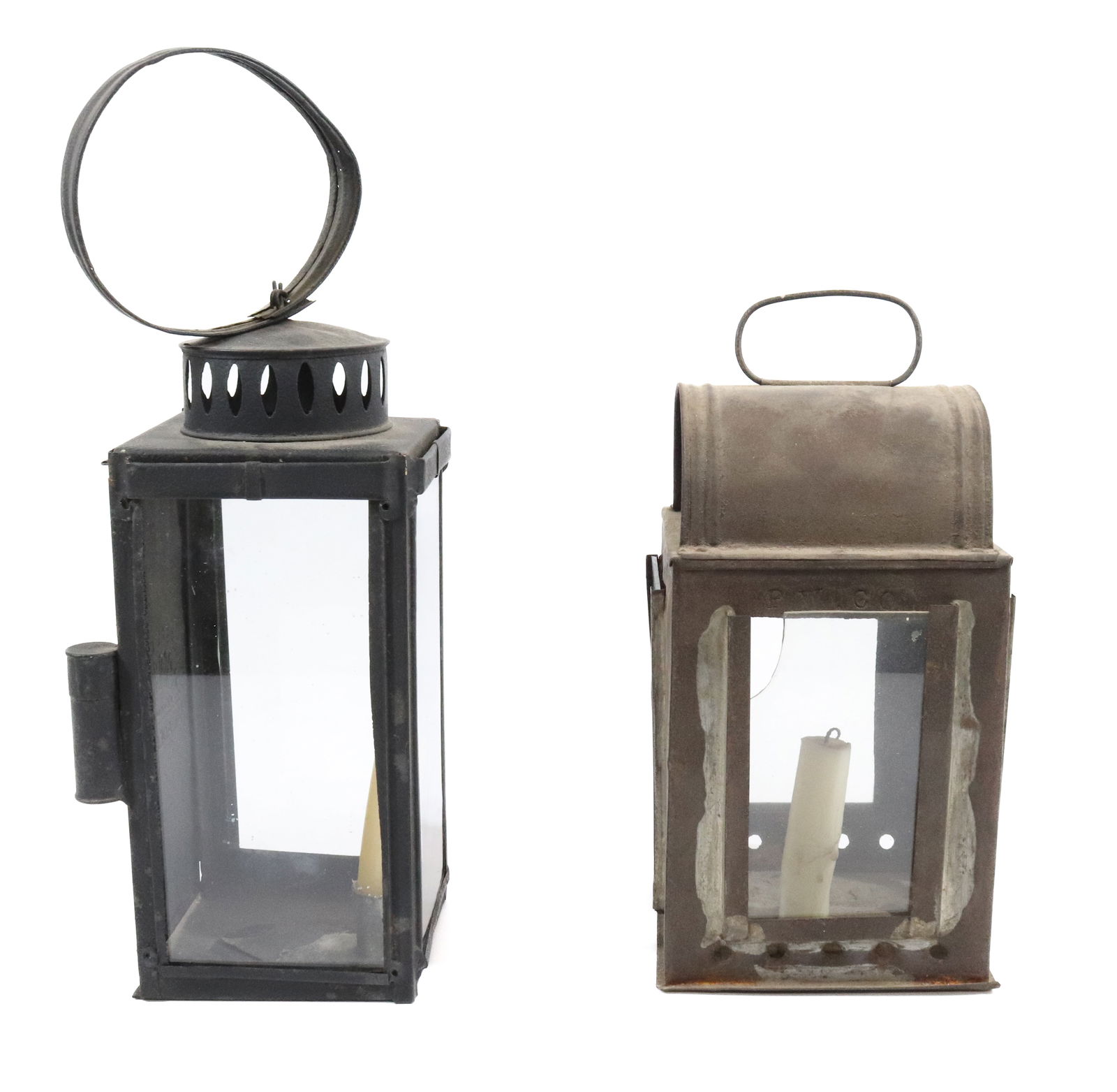 (2) 19TH C. TIN LANTERNS: INCLUDING: CURVED TOP WITH GLASS PANELS MRKD. P.W. CO. 9" H. AND BLACK PAINTED LANTERN MRKD. UNIVERSAL LANTERN, PHILADELPHIA, 14 1/2" (INCLUDES RING). PLEASE READ CAREFULLY - Terms for Purchasing and