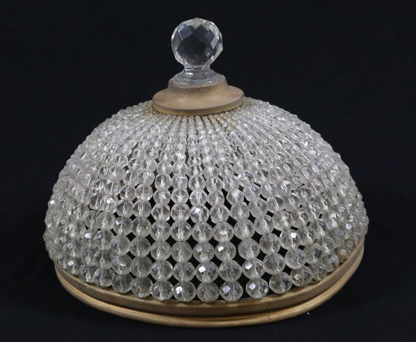 VINTAGE GLASS BEADED SHADE: GRADUATED BEADS ON METAL FRAMEWORK. LARGE CRYSTAL FINIAL. 7" H X 9 1/2/10" D. (OUT OF ROUND). PLEASE READ CAREFULLY - Terms for Purchasing and Shipping of Auction Items. Please read carefully before b