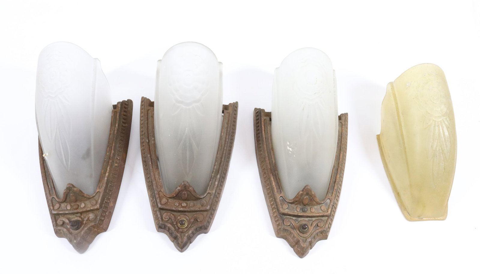 (3) MATCHING WALL SCONCES WITH SLIP SHADES: PAINTED METAL MRKD. PURITAN WITH FROSTED SLIP SHADES. PLUS, ONE EXTRA SHADE. 10 1/4" L (WITH SHADE IN) X 5 1/2" W. PLEASE READ CAREFULLY - Terms for Purchasing and Shipping of Auction Items. Please re