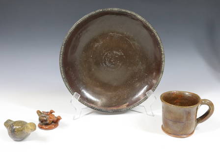STAHL MUG, POTTERY FIGURES AND PLATE: INCLUDING: STAHL POTTERY MUG (1941) 3", GLAZED BIRD RATTLE, BIRD FIGURE AND PIE PLATE 10" D. PLEASE READ CAREFULLY - Terms for Purchasing and Shipping of Auction Items. Please read carefully before bi