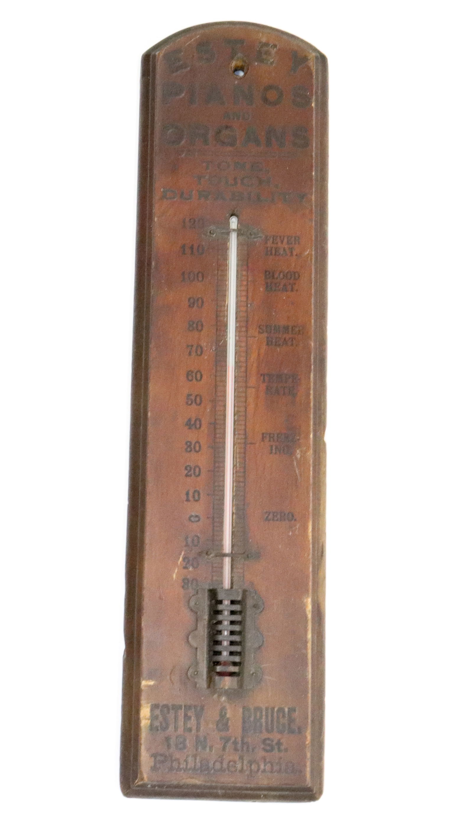 WOODEN ADVERTISING THERMOMETER: ESTEY PIANOS AND ORGANS, PHILADELPHIA. 21" L. PLEASE READ CAREFULLY - Terms for Purchasing and Shipping of Auction Items. Please read carefully before bidding. All payments for purchases will be made