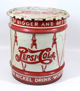 PEPSI COLA SYRUP TIN: DRUM STYLE WITH LID. 17" X 15". PLEASE READ CAREFULLY - Terms for Purchasing and Shipping of Auction Items. Please read carefully before bidding. All payments for purchases will be made through LiveAu