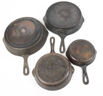 (4) CAST IRON SKILLETS: INCLUDING: WAGNER WARE "0", GRISWOLD "5", WAPAK "8" AND "8" UNMARKED. PLEASE READ CAREFULLY - Terms for Purchasing and Shipping of Auction Items. Please read carefully before bidding. All payments for