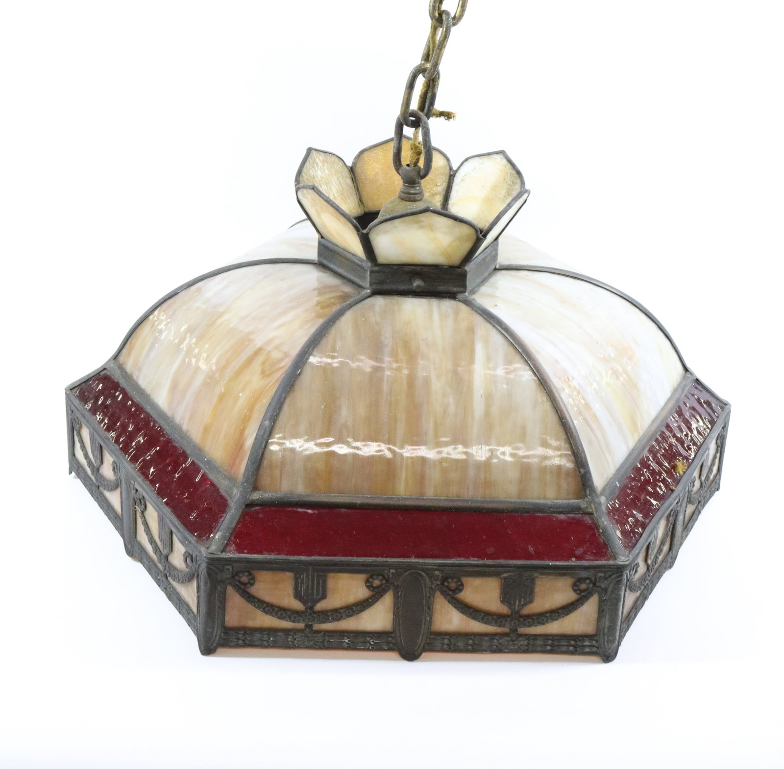 SLAG GLASS HANGING LIGHT: HEXAGONAL SHAPE WITH THREE SOCKETS. 12 1/2" X 21 1/2" PLEASE READ CAREFULLY - Terms for Purchasing and Shipping of Auction Items. Please read carefully before bidding. All payments for purchases will 