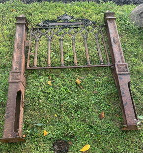 ORNATE CAST IRON GATE W/POSTS: BLACK/RUSTY SURFACE 45" X 43". POSTS 74" H. **THIS LOT CANNOT BE SHIPPED DUE TO SIZE AND WEIGHT** PLEASE READ CAREFULLY - Terms for Purchasing and Shipping of Auction Items. Please read carefully befo