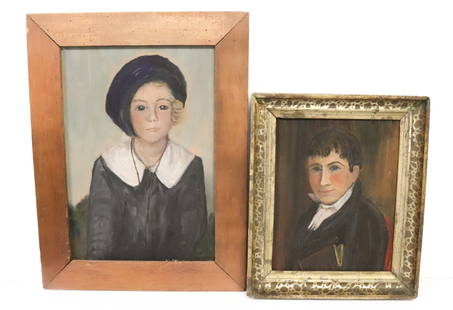 (2) PRIMITIVE PORTRAITS: YOUNG MAN IN DARK COAT WITH BOOK (MRKD. SON OF THOMAS JEFFERSON, BY SUE IRONS ON BACK) AND YOUNG WOMAN IN BLUE/WHITE W/HAT. TOTAL SIZES 12 1/2" X 10 1/2" AND 17 1/4" X 13 1/4". PLEASE READ CAREFULLY -