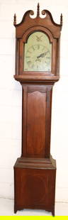 EARLY 19TH C. TALL CASE CLOCK: PAINTED METAL FACE WITH EAGLE/FLAG. 8-DAY. FEDERAL INLAID WALNUT/MAHOGANY CASE WITH BRACKET FEET. BRASS PENDULUM AND WEIGHTS. 94" X 19 1/4" X 10 1/2". PLEASE READ CAREFULLY - Terms for Purchasing and