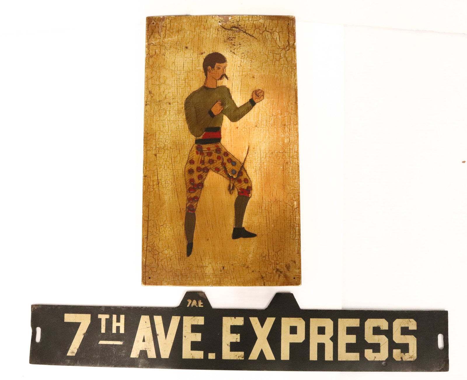 VINTAGE METAL STREET SIGN AND PAINTING ON BOARD: 7TH AVENUE EXPRESS DOUBLE-SIDED 25 1/2" AND PAINTED BOXER ON BOARD 17" X 9 1/2". PLEASE READ CAREFULLY - Terms for Purchasing and Shipping of Auction Items. Please read carefully before bidding. All p