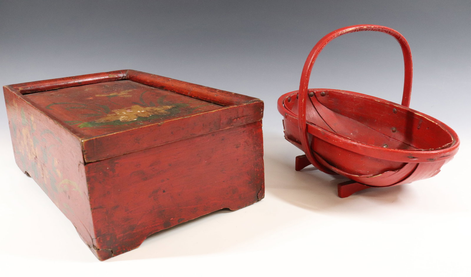 SLIDE LID BOX AND BASKET: PAINTED DOVETAILED BOX WITH SLIDE LID (FLORAL AND LILY PAD MOTIF) 5" X 14" X 8 1/2". PLUS, RED PAINTED TRUG 11 3/4" L. PLEASE READ CAREFULLY - Terms for Purchasing and Shipping of Auction Items. Pleas