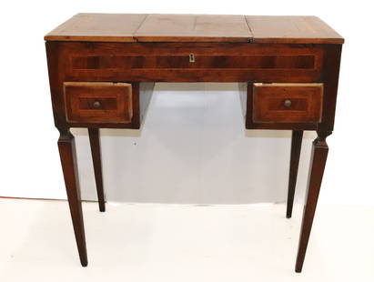 19TH C. DRESSING TABLE: LIFT-LID WITH INTERIOR MIRROR. INLAID AND MATCHED VENEER. TAPERED LEGS. 30" X 32" X 16". PLEASE READ CAREFULLY - Terms for Purchasing and Shipping of Auction Items. Please read carefully before biddin