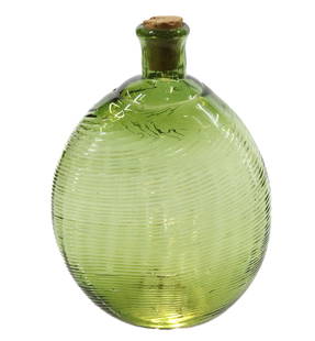 MIDWEST PITKIN STYLE FLASK: APPROX 30 RIBS GERMAN HALF POST METHOD NECK LIGHT GREEN RING PONTIL 6 5/9"H X 4 7/8" W