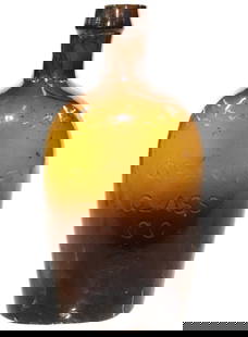 AMBER FLASK: GRANITE GLASS CO. STODDARD NH APPLIED TOP WITH TRAILING BUBBLES IN NECK