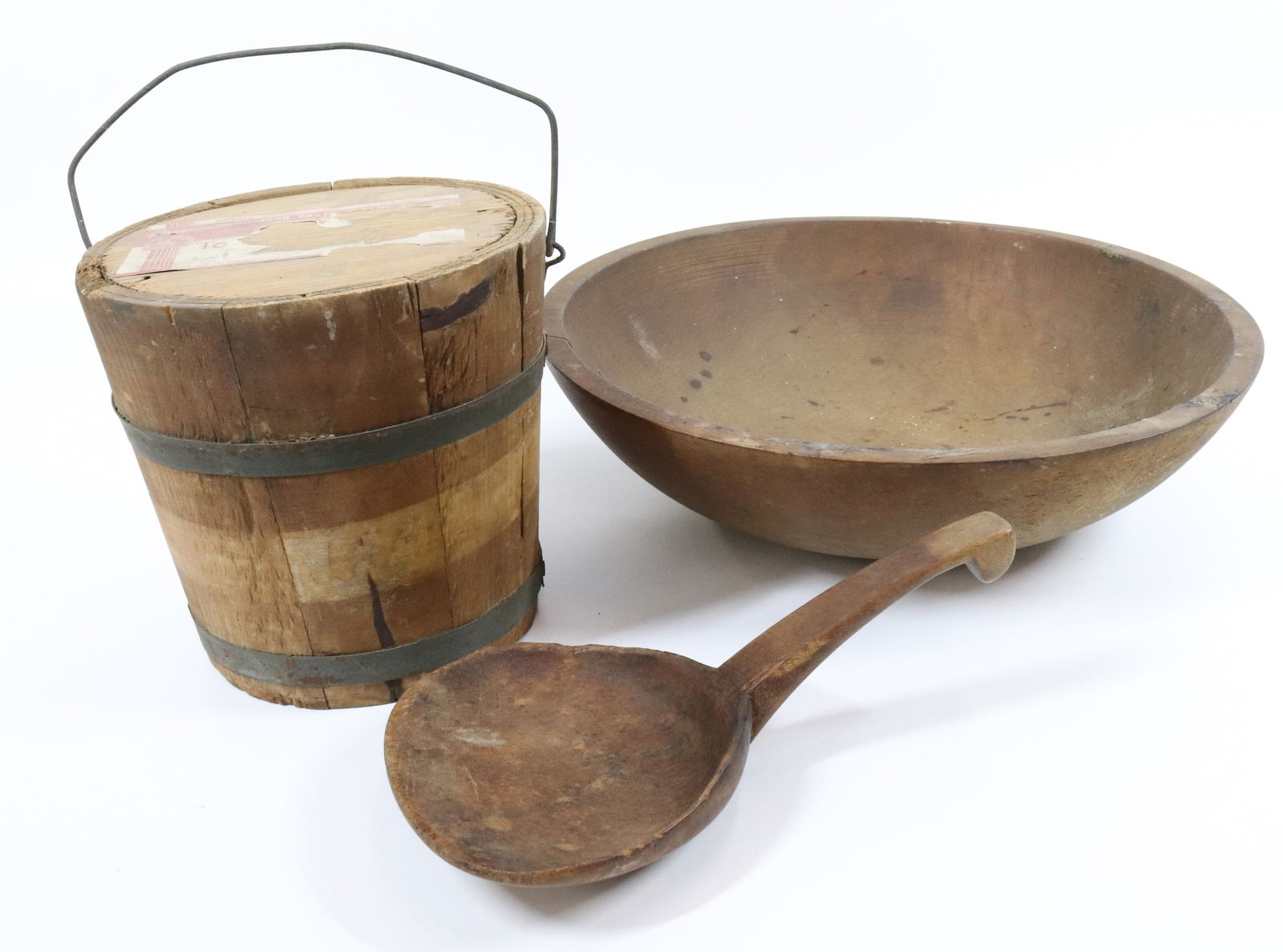 WOODEN BUCKET, BOWL AND BUTTER PADDLE (1 of 4)